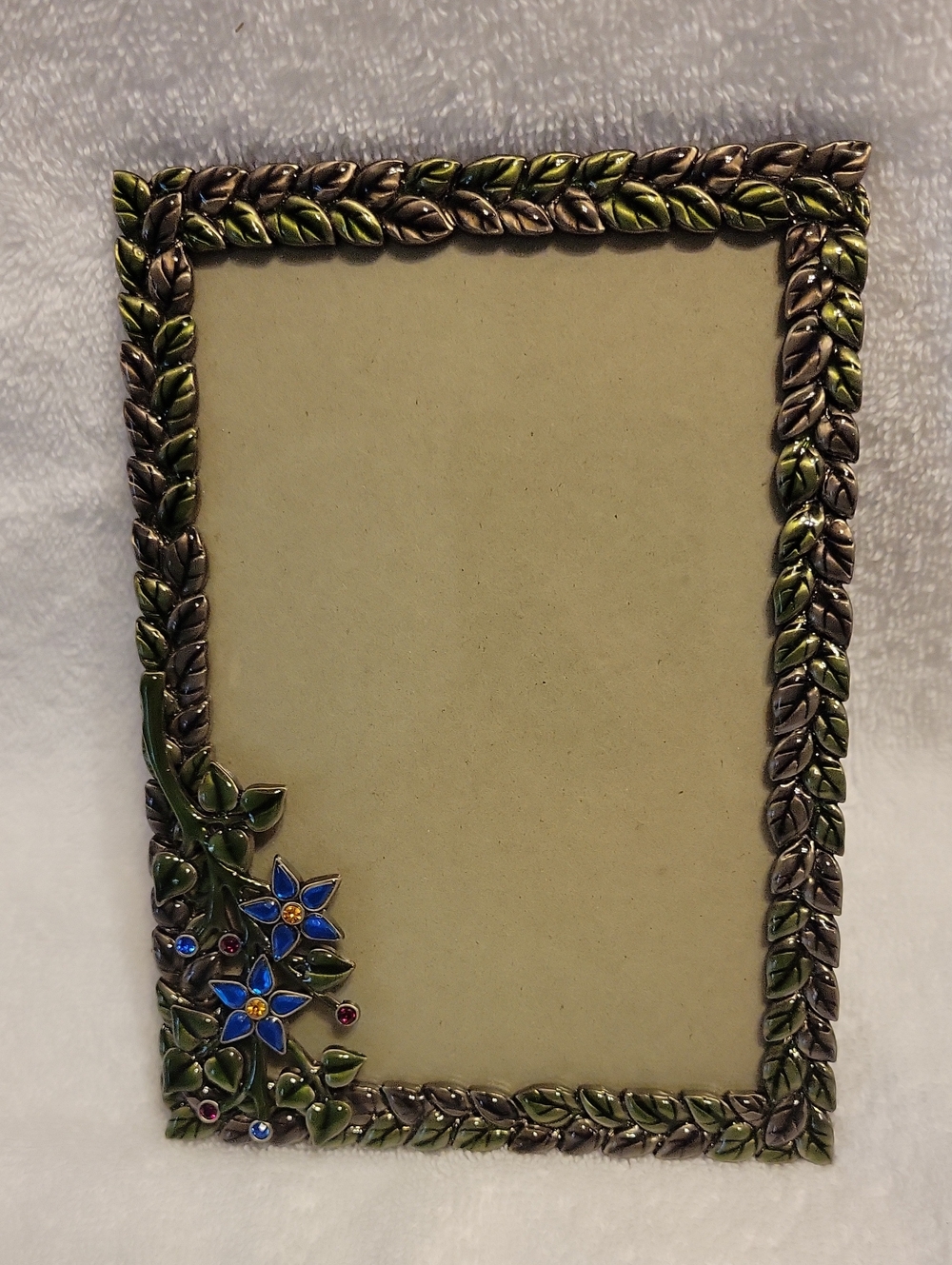 Elsal Decorative Leaf & Blue Flower Photo Frame - Green and Bronze